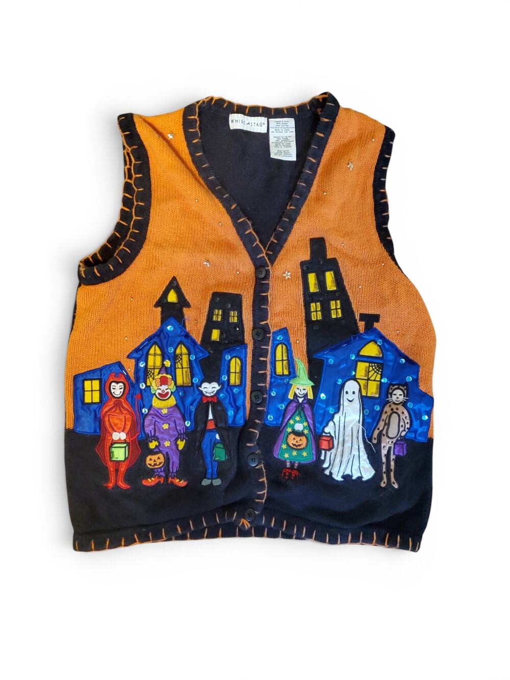 Halloween Trick or Treat Sweater Vest Vintage 90s Orange Black Pumpkin Cardigan